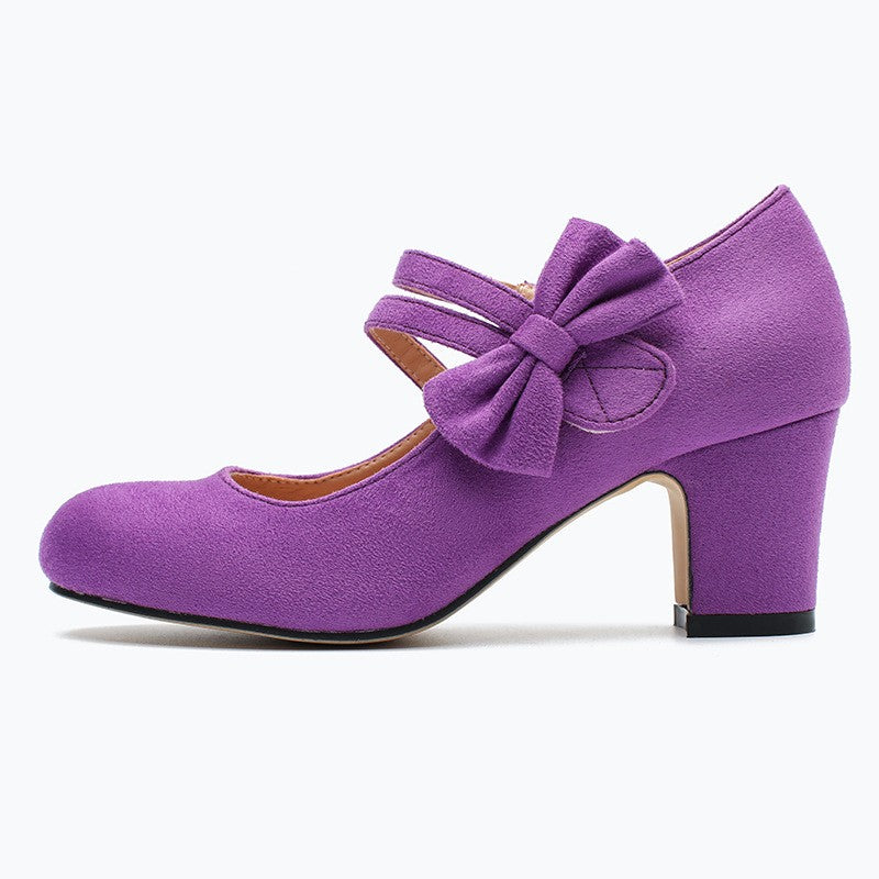 Faux Suede Bow Mary Jane Block Heel Pumps