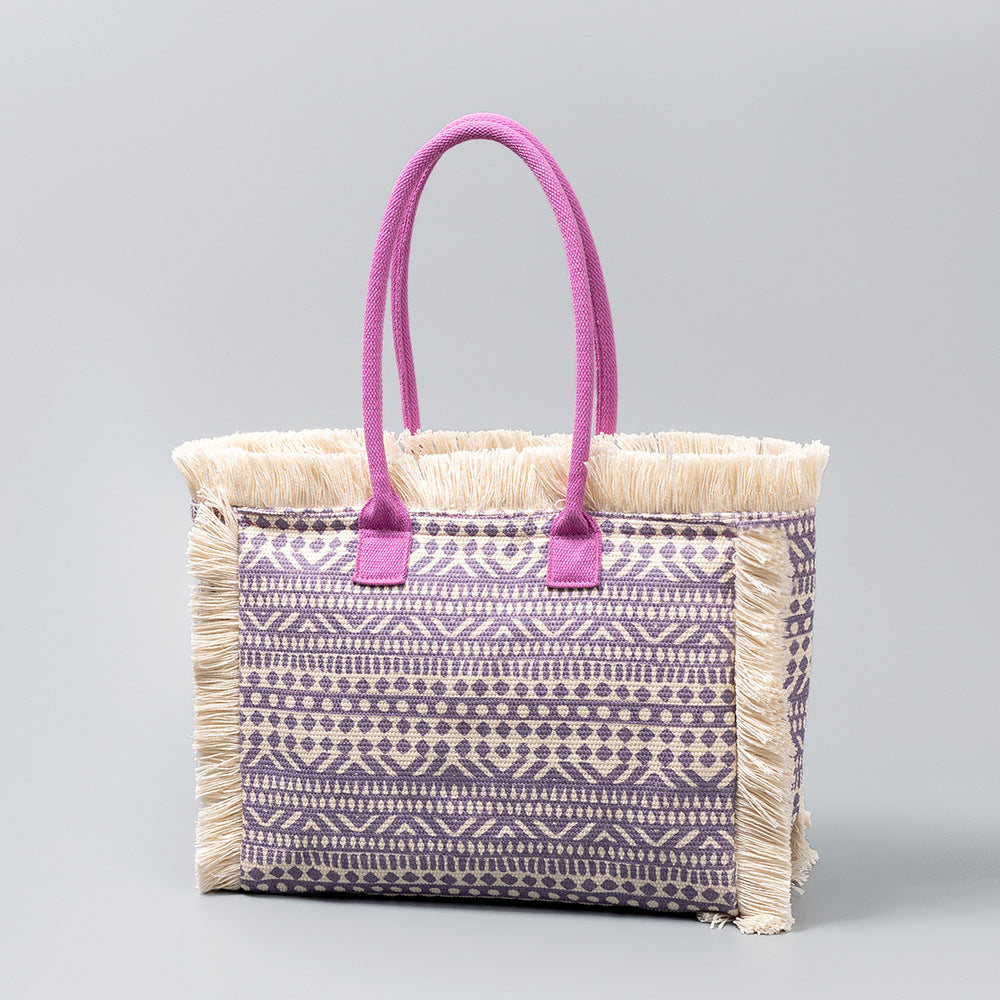 Fringe Trim Printed Canvas Tote Bag - Color_05
