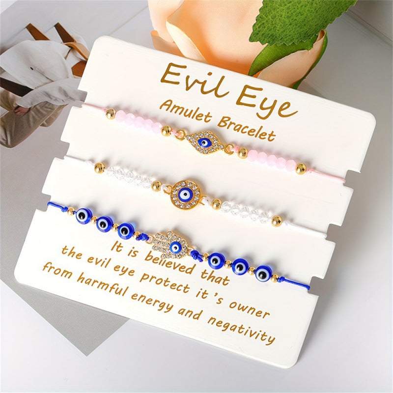 Evil Eye Braided Cord Bracelets Adjustable Charm Set - Set_02