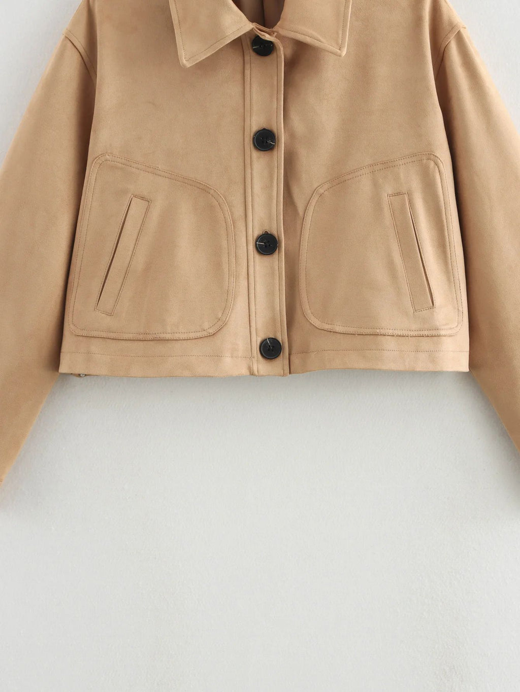 Faux Suede Cropped Button Front Jacket - Khaki - 1