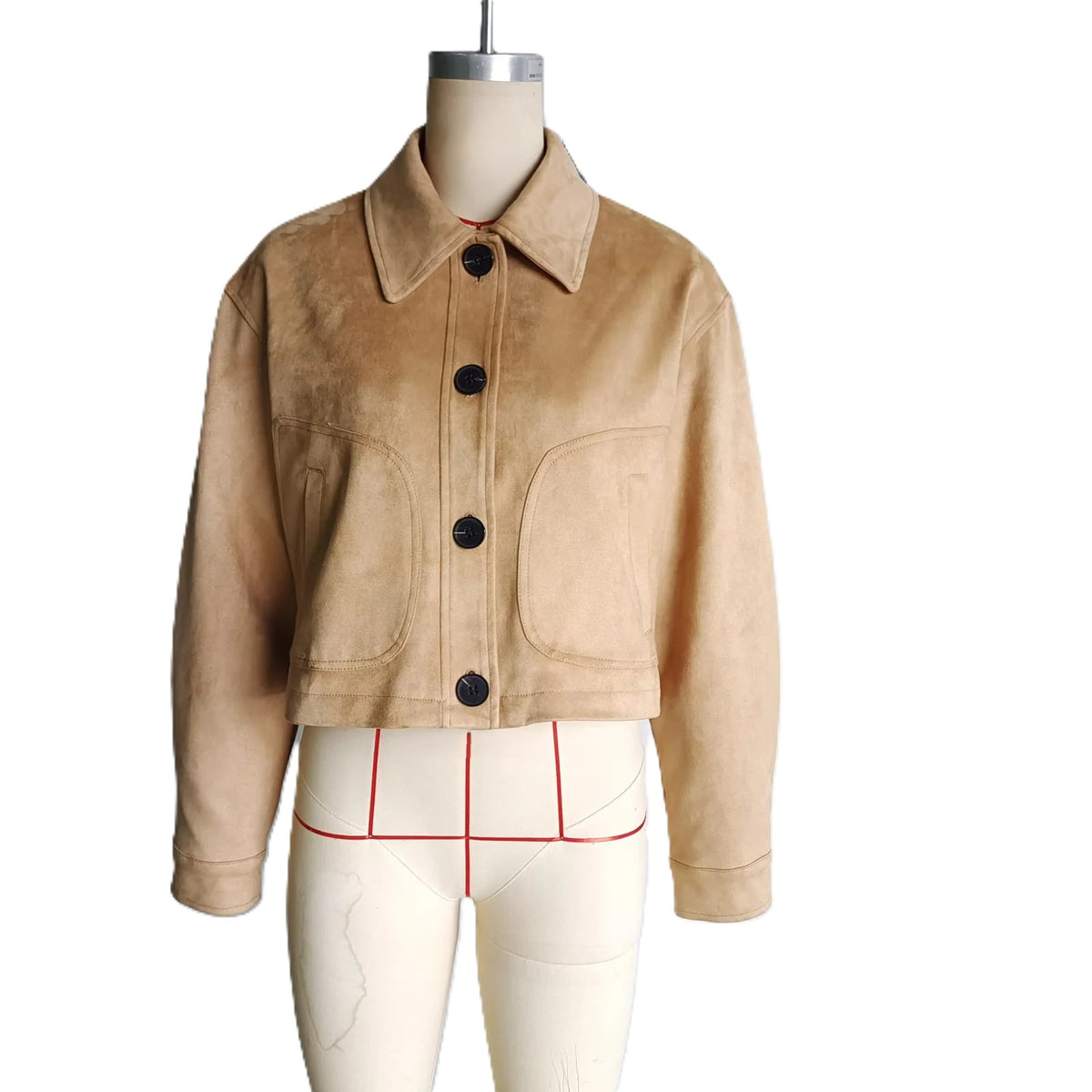 Faux Suede Cropped Button Front Jacket - Khaki - 9