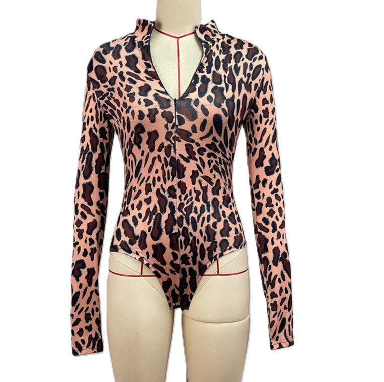 Leopard Print Long Sleeve Bodysuit - Brown