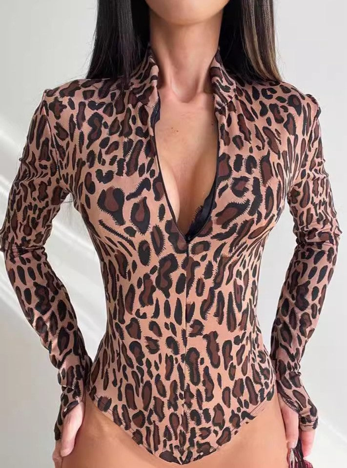 Leopard Print Long Sleeve Bodysuit - Brown - 1