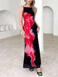 Blooming Print Backless Mesh Maxi Dress - Black