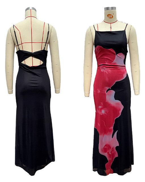 Blooming Print Backless Mesh Maxi Dress - Black - 1