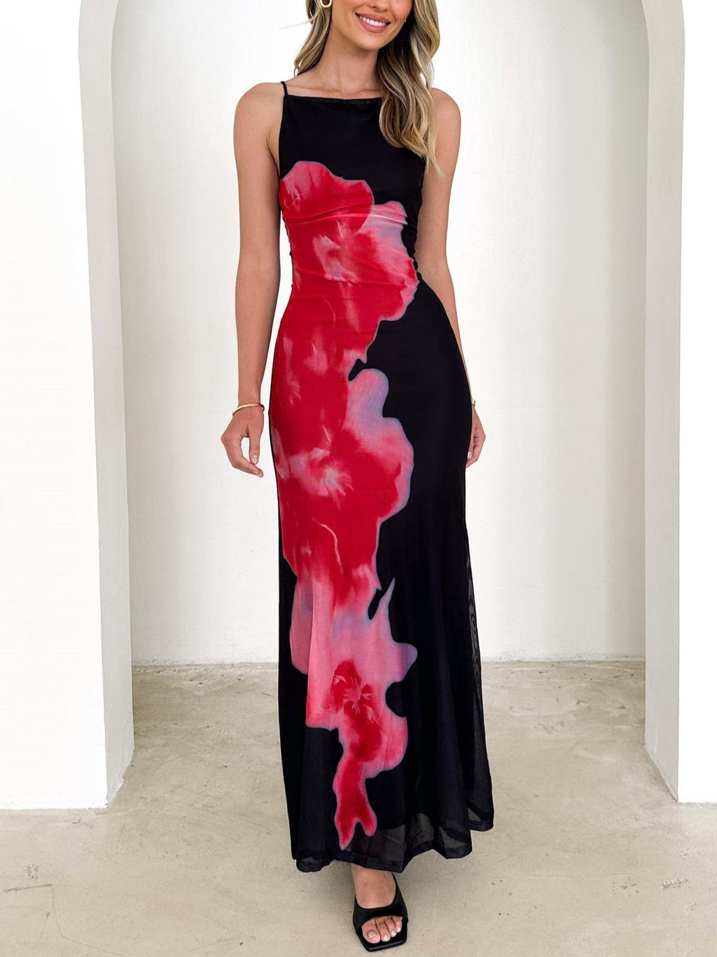 Blooming Print Backless Mesh Maxi Dress - Black - 2