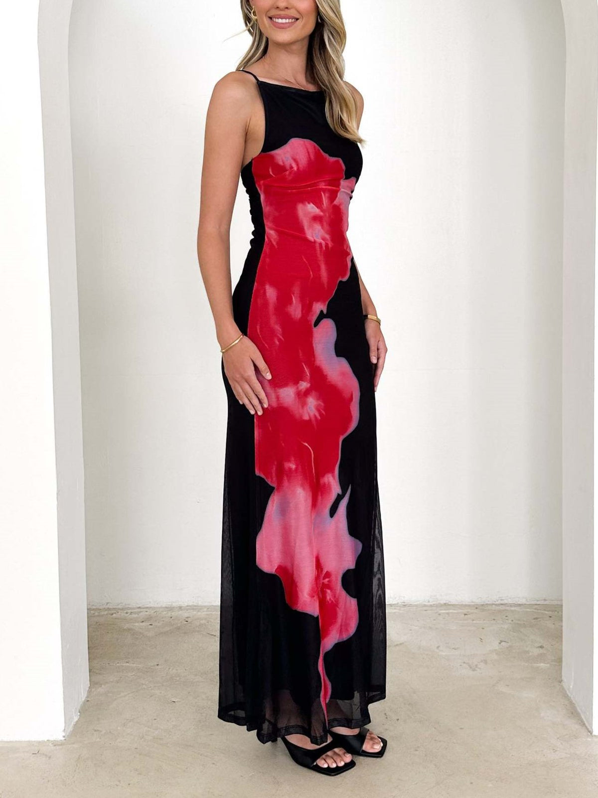 Blooming Print Backless Mesh Maxi Dress - Black - 3