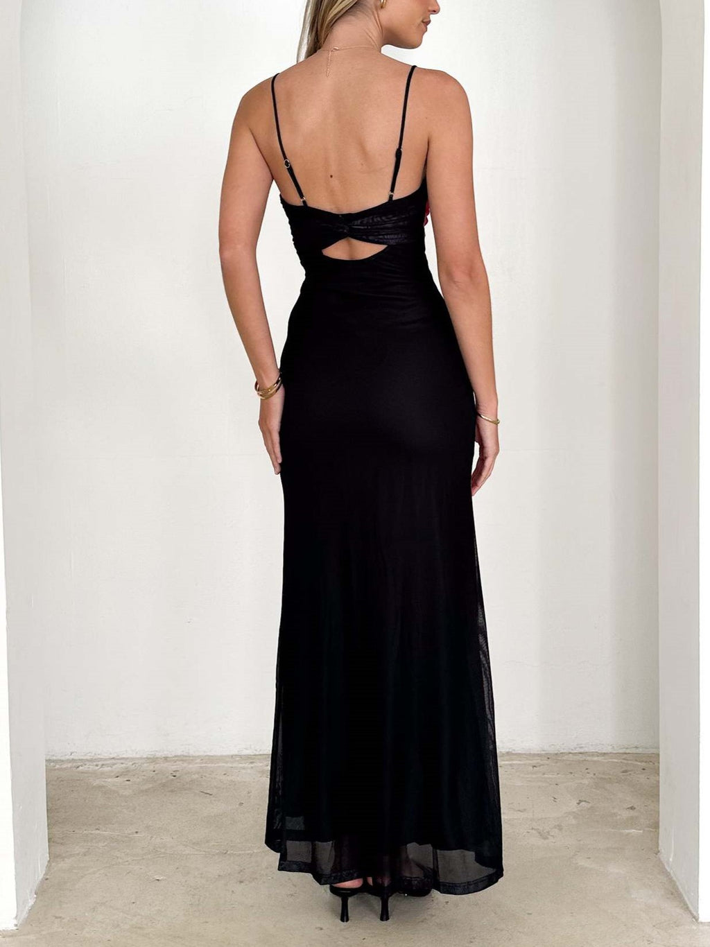 Blooming Print Backless Mesh Maxi Dress - Black - 4