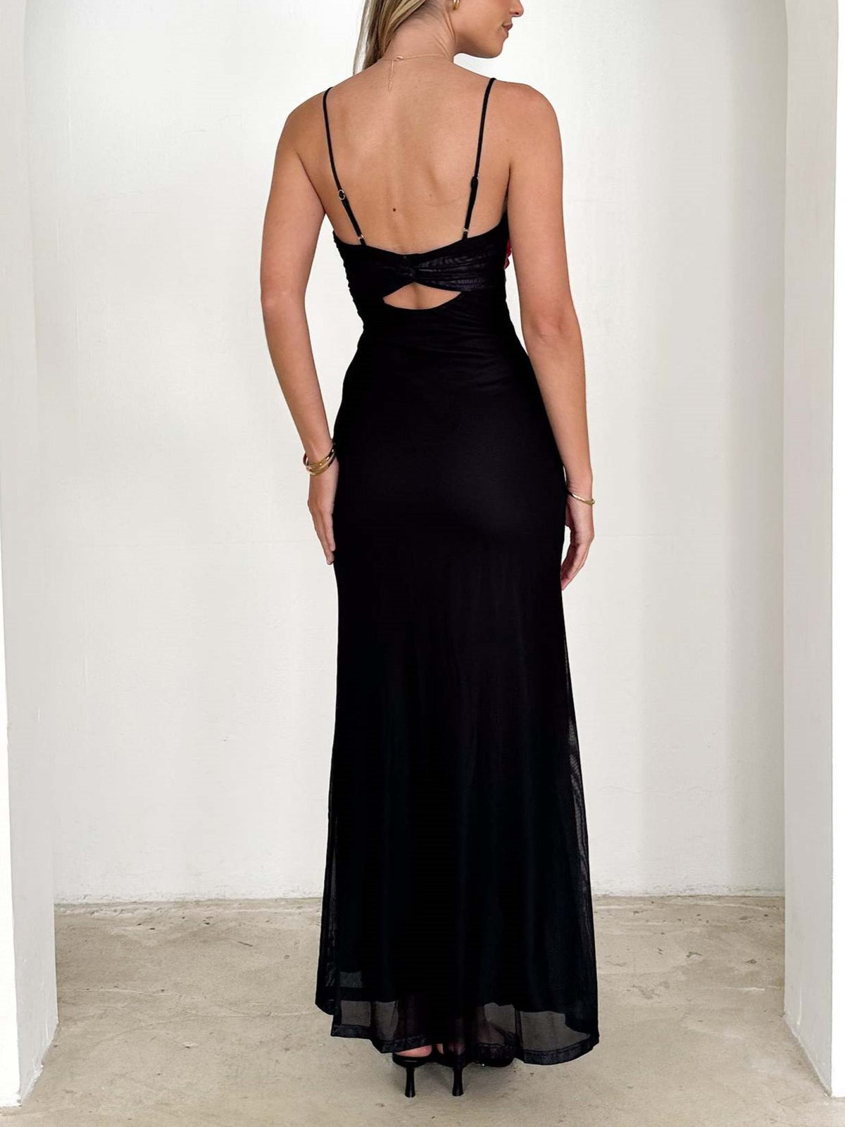 Blooming Print Backless Mesh Maxi Dress - Black - 4