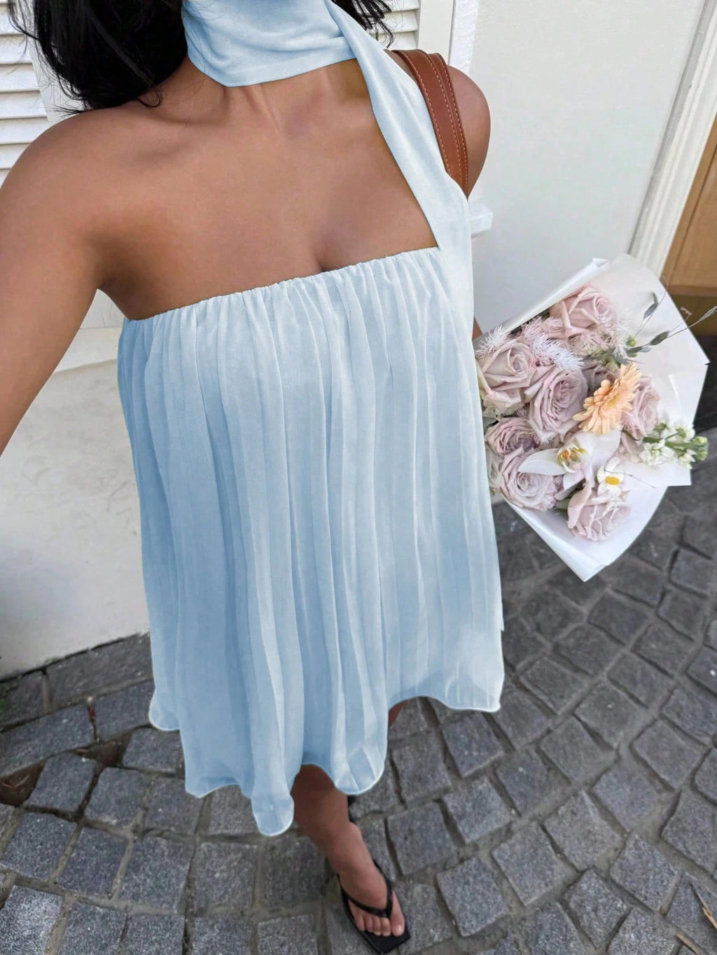 Pleated Chiffon Babydoll Dress with Neck Scarf - Blue