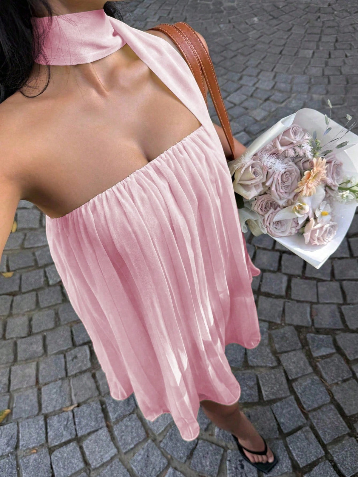 Pleated Chiffon Babydoll Dress with Neck Scarf - Pink