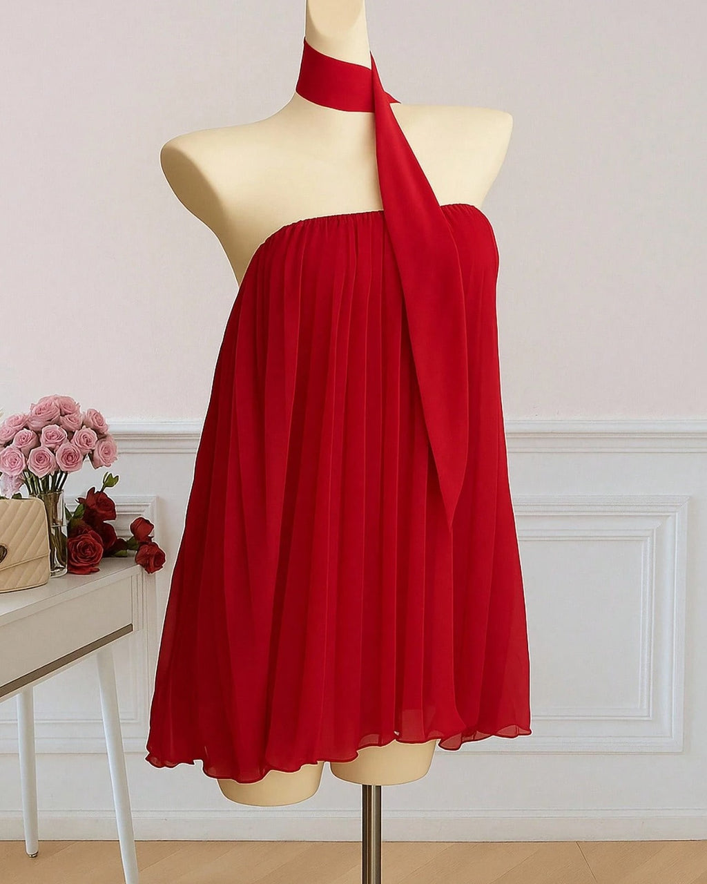 Pleated Chiffon Babydoll Dress with Neck Scarf - Red