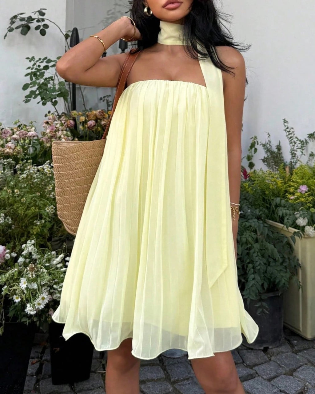 Pleated Chiffon Babydoll Dress with Neck Scarf - Yellow