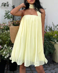 Pleated Chiffon Babydoll Dress with Neck Scarf - Yellow