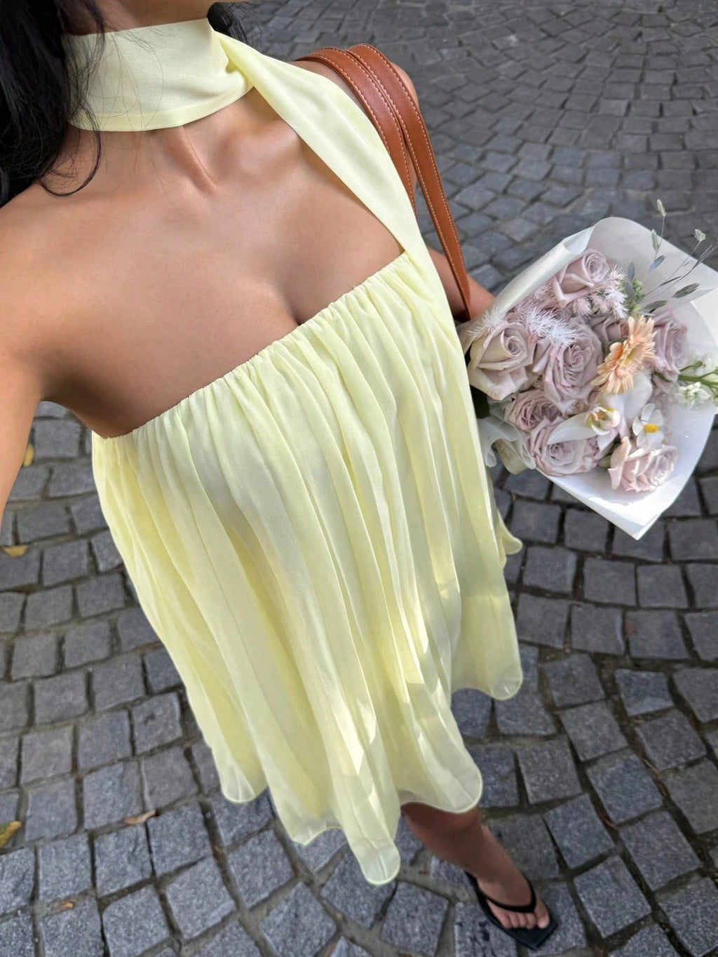 Pleated Chiffon Babydoll Dress with Neck Scarf - Yellow - 1