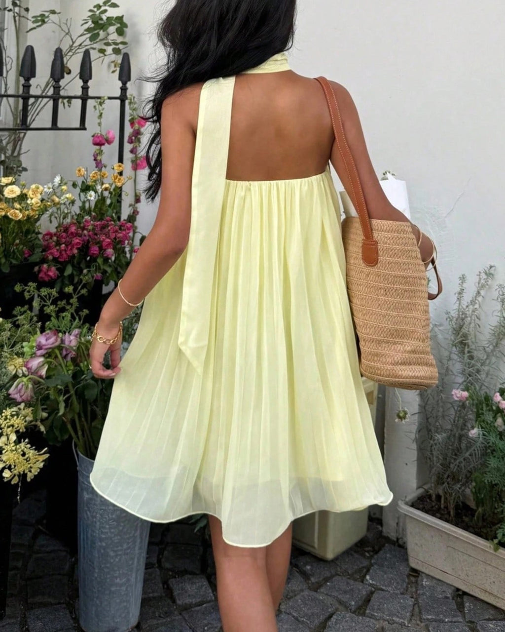 Pleated Chiffon Babydoll Dress with Neck Scarf - Yellow - 3