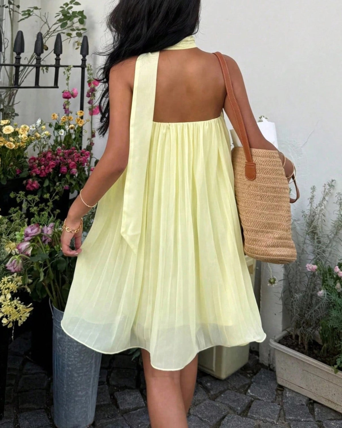 Pleated Chiffon Babydoll Dress with Neck Scarf - Yellow - 3