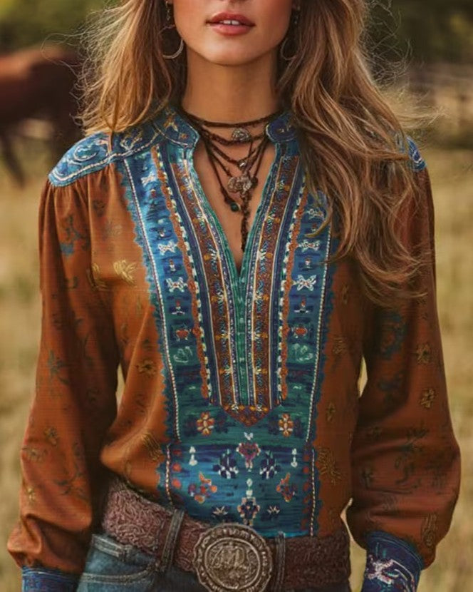 Western Paisley Lace Up Long Sleeve Blouse - Decor