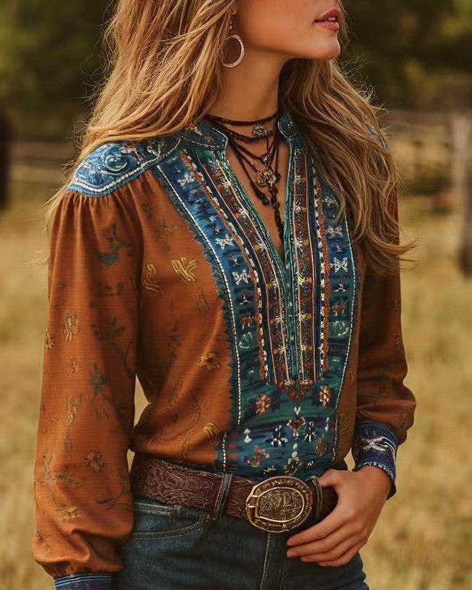 Western Paisley Lace Up Long Sleeve Blouse - Decor - 1