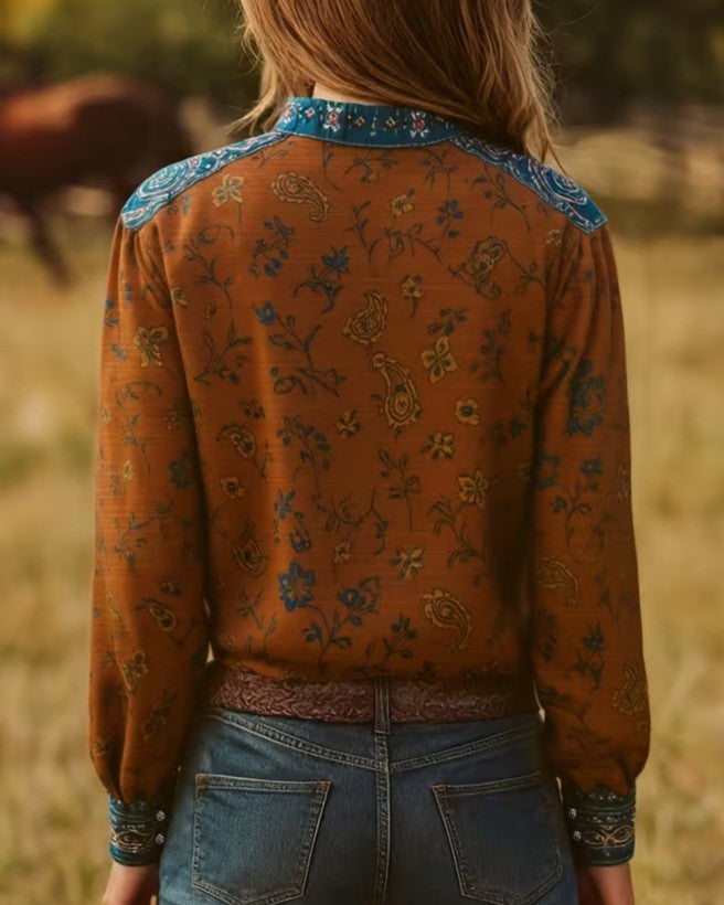 Western Paisley Lace Up Long Sleeve Blouse - Decor - 2