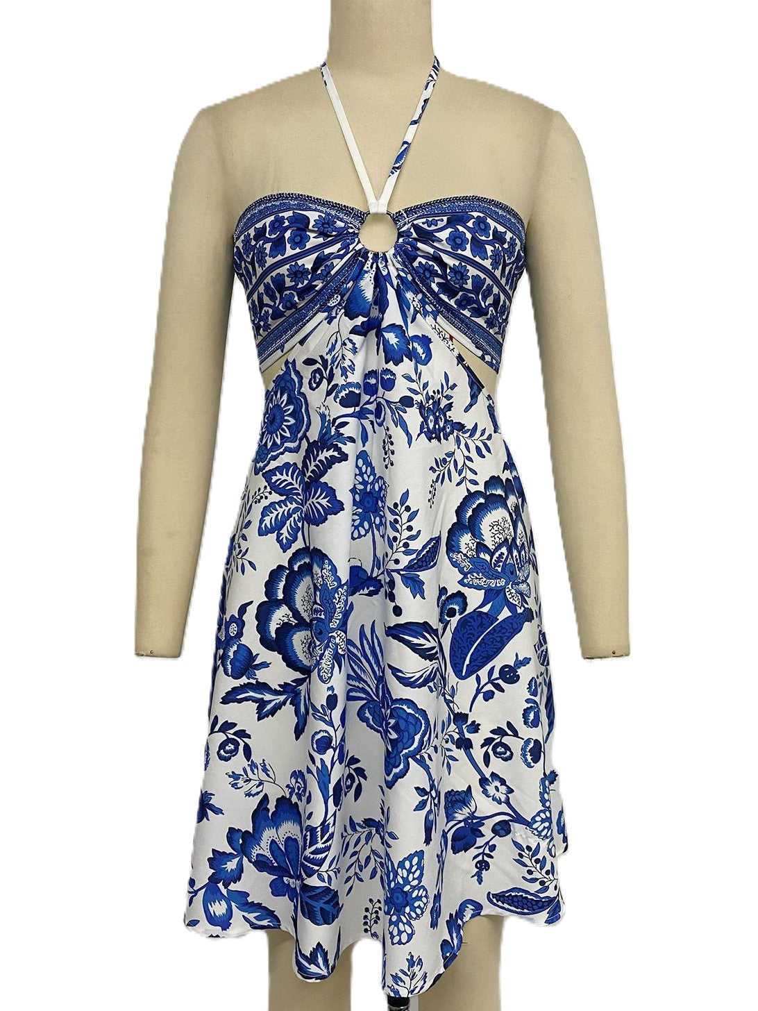 Blue Floral Halter Mini Dress With Cutouts - view 2