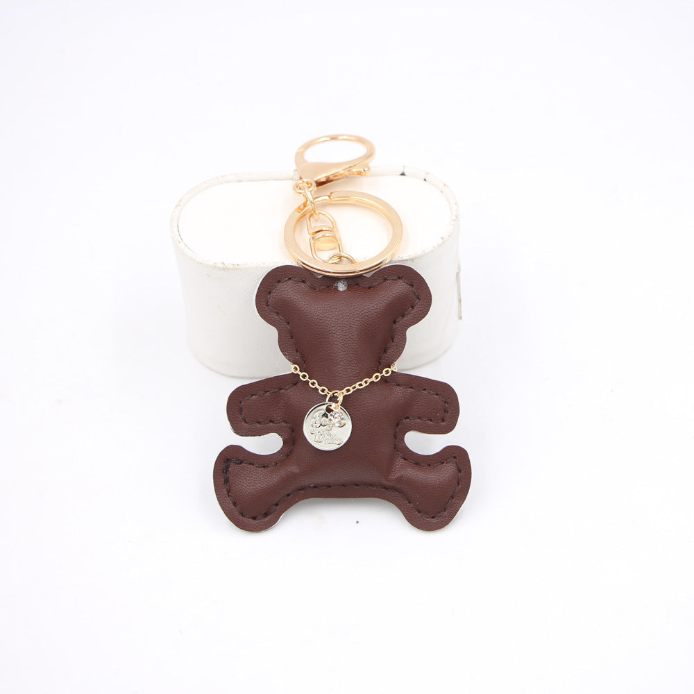 Padded Leather Teddy Bear Bag Charm - Brown
