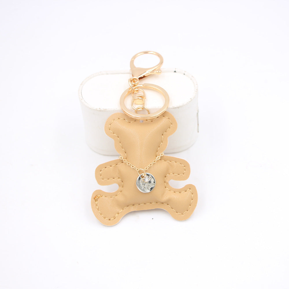 Padded Leather Teddy Bear Bag Charm - Khaki