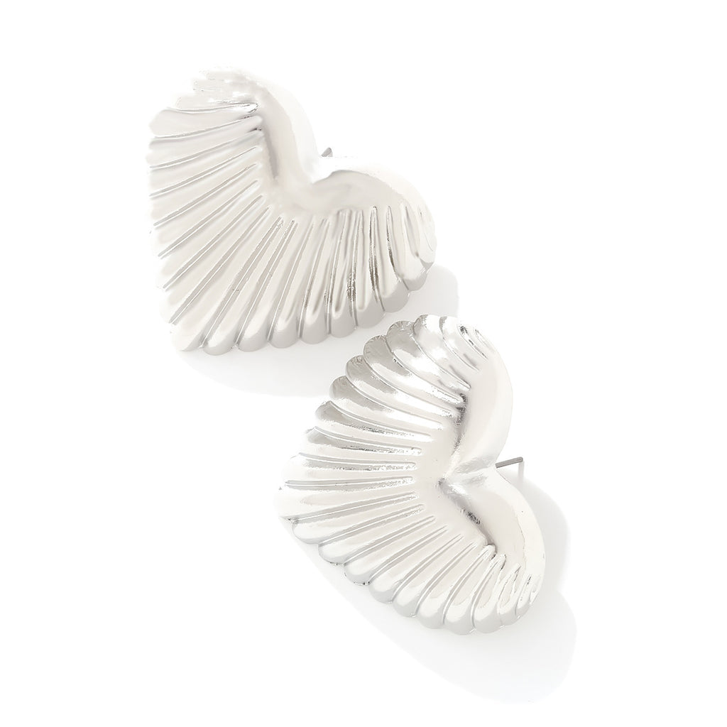 Ribbed Puffed Heart Stud Earrings - White