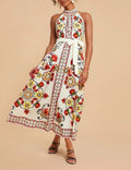 Border Print Halter Neck Belted Midi Dress - Decor