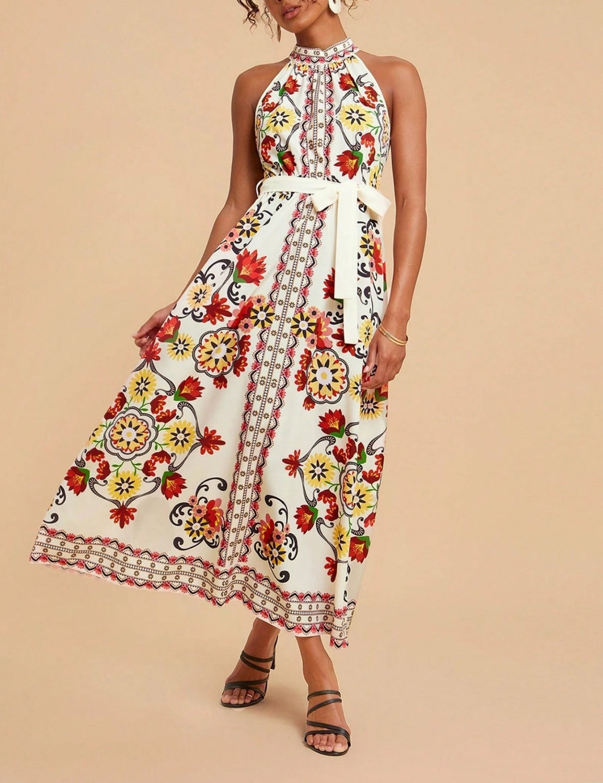 Border Print Halter Neck Belted Midi Dress - Decor