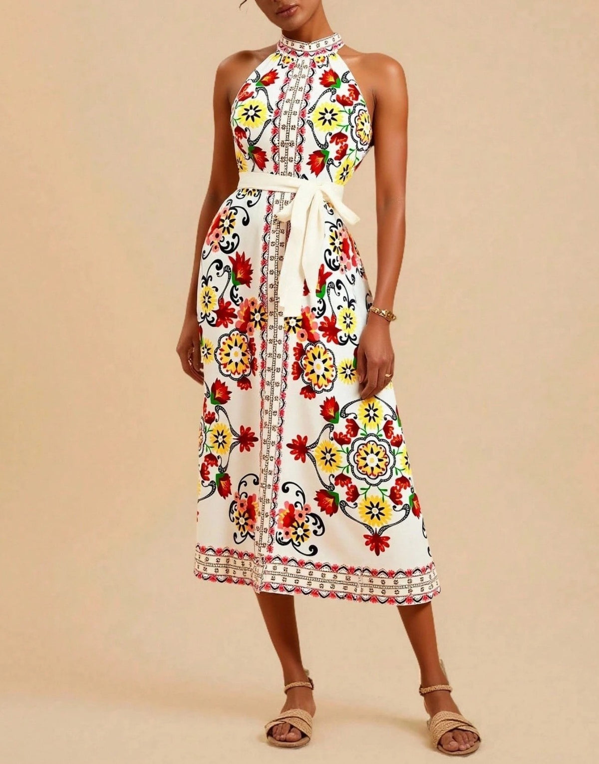 Border Print Halter Neck Belted Midi Dress