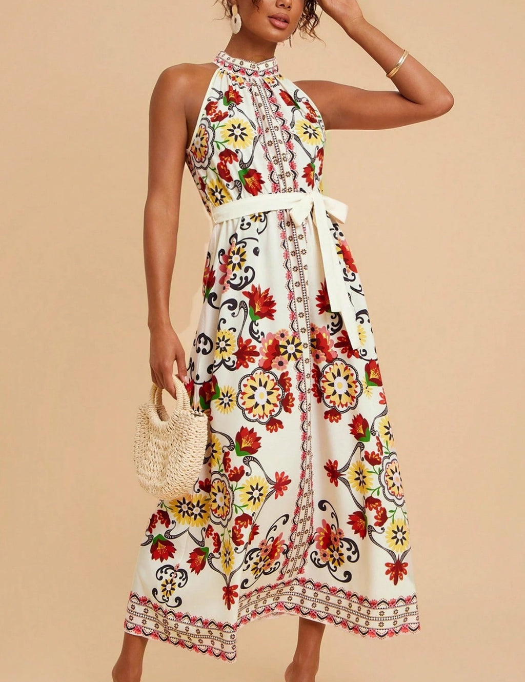 Border Print Halter Neck Belted Midi Dress - view 1