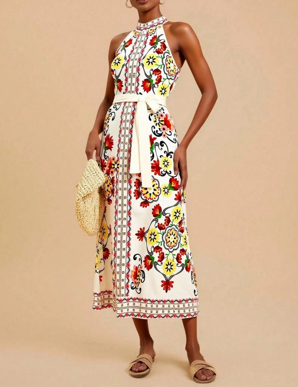 Border Print Halter Neck Belted Midi Dress - view 3
