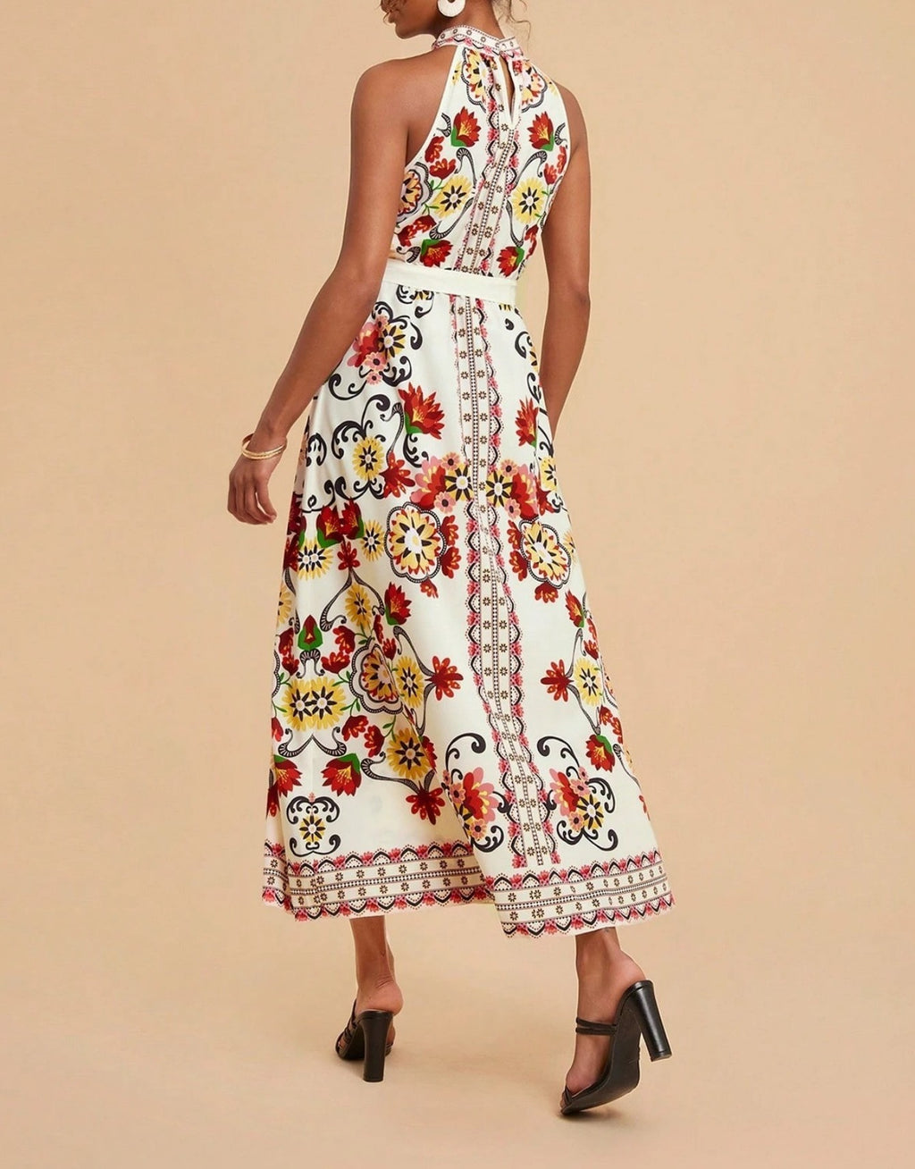 Border Print Halter Neck Belted Midi Dress - view 4