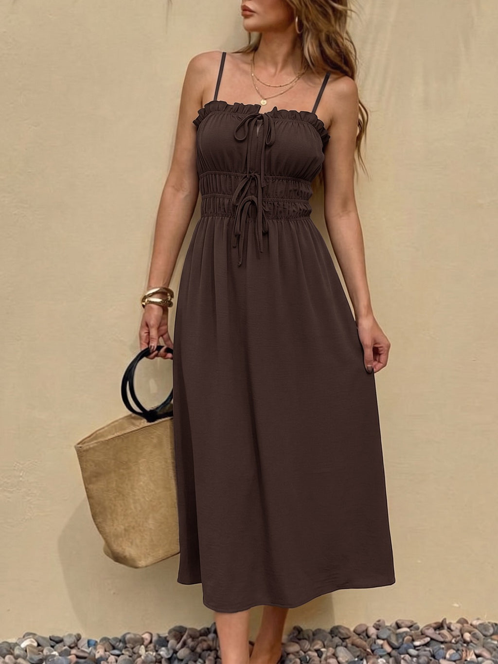 Textured Shirred Bodice Strappy Midi Dress - Brown