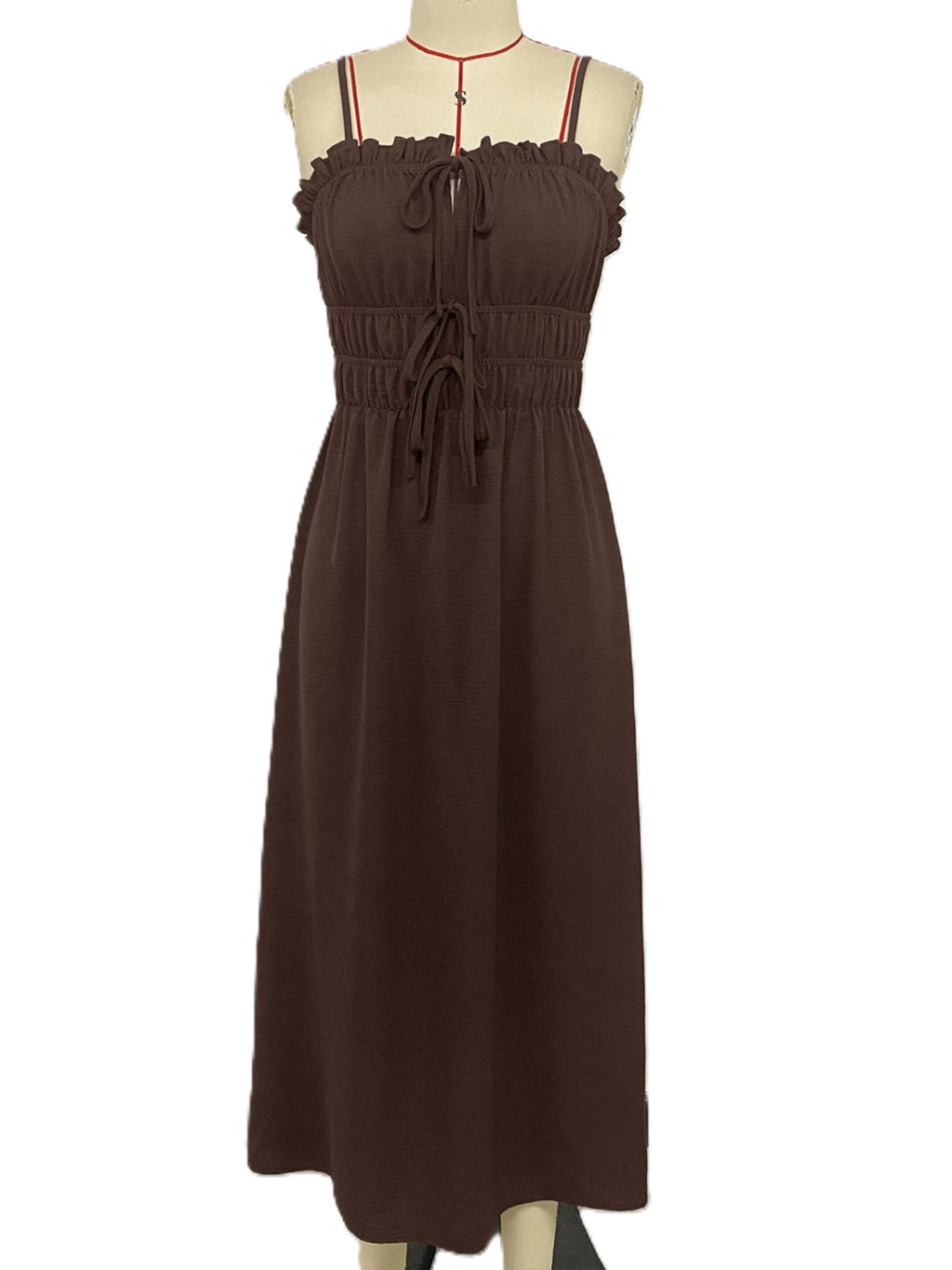 Textured Shirred Bodice Strappy Midi Dress - Brown - 1