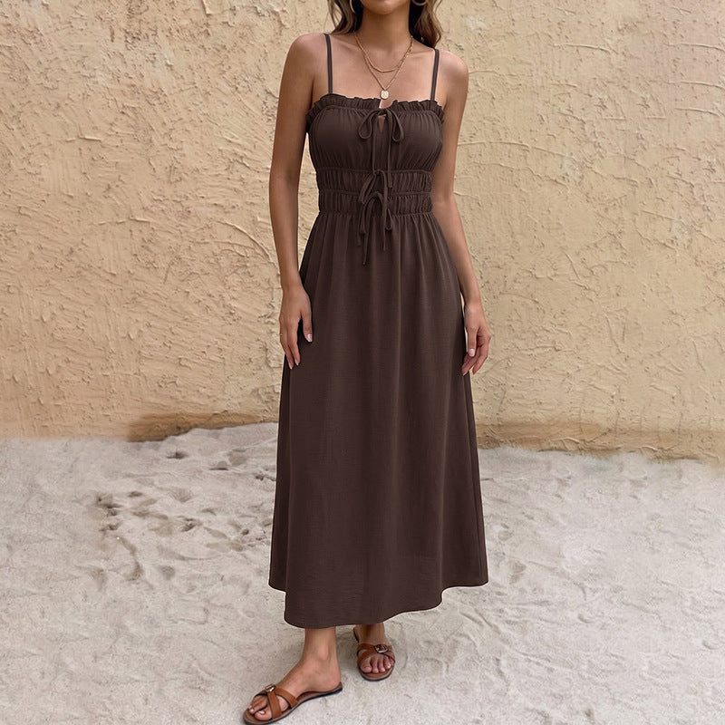 Textured Shirred Bodice Strappy Midi Dress - Brown - 3