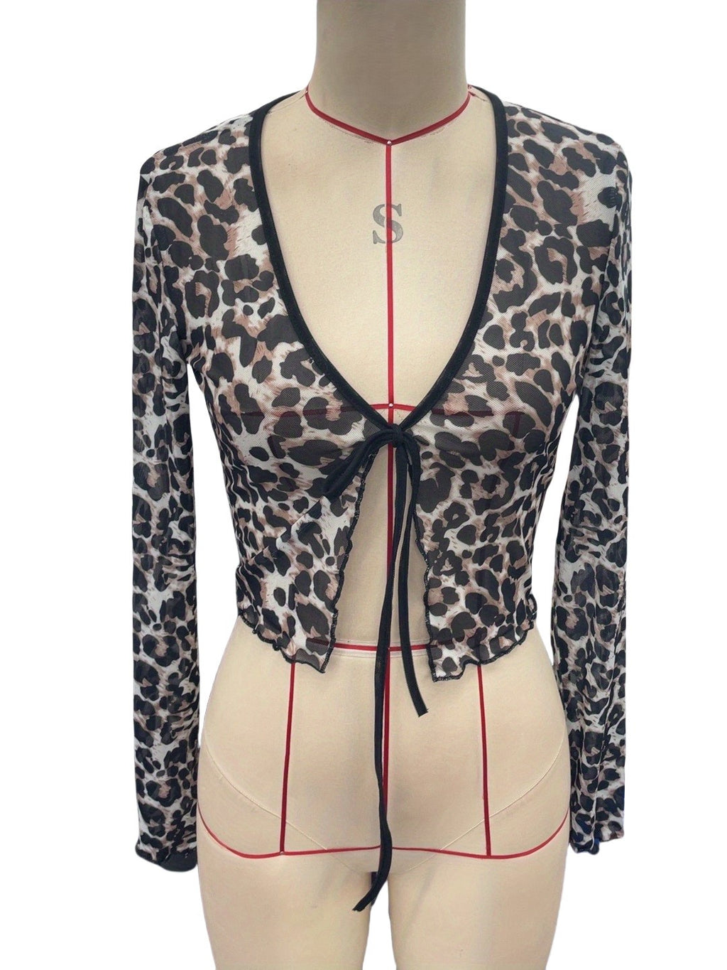 Tie Front Mesh Animal Print Crop Top - Khaki