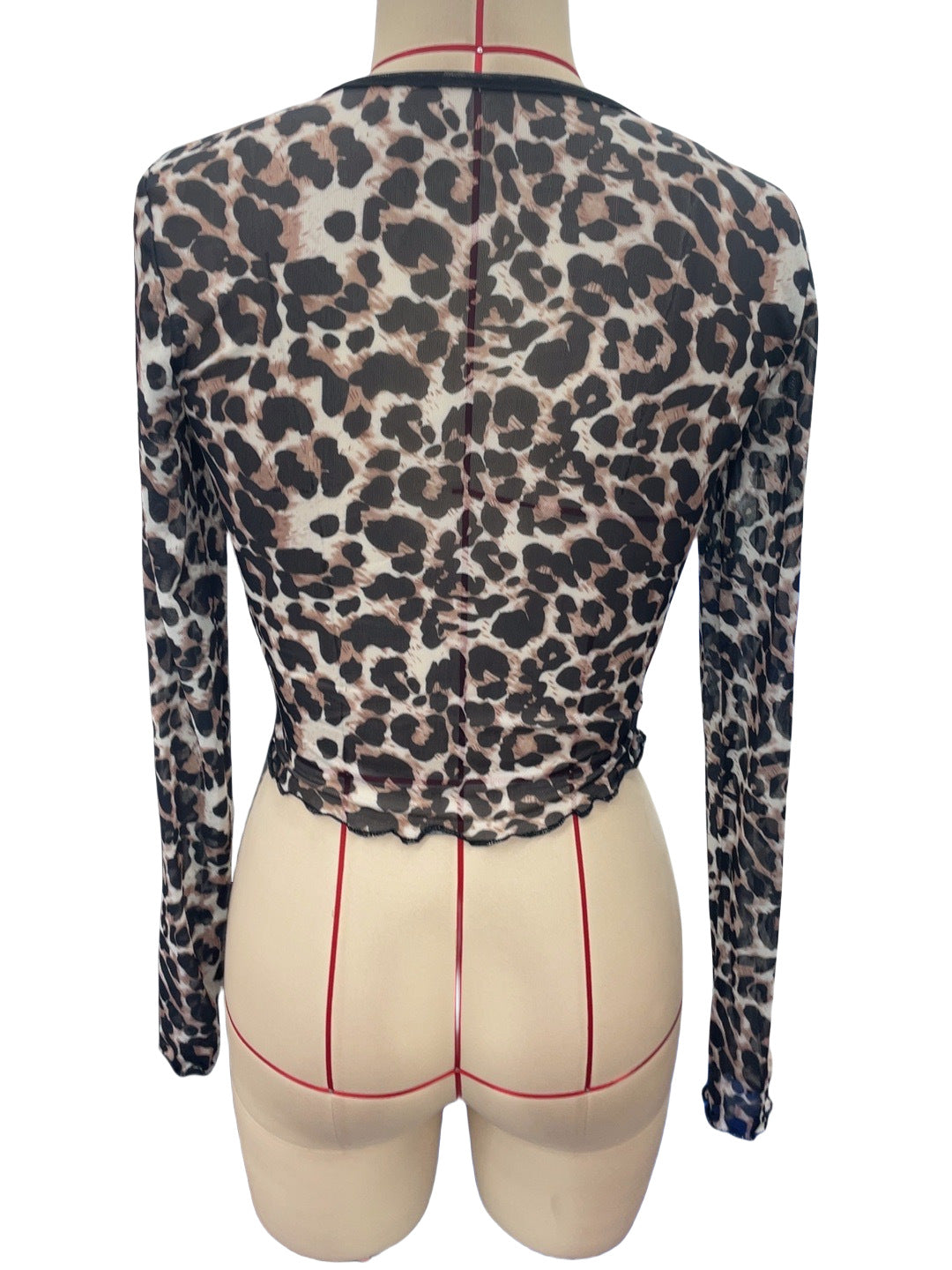 Tie Front Mesh Animal Print Crop Top - Khaki - 2