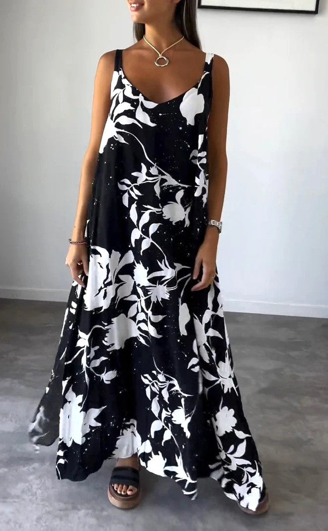 Botanical Floral Print Slip Maxi Dress - Black