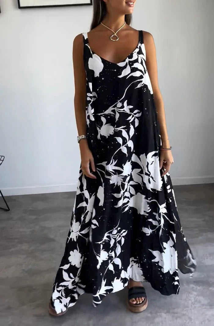 Botanical Floral Print Slip Maxi Dress - Black - 1