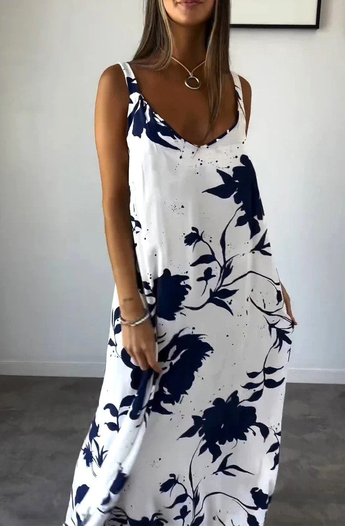 Botanical Floral Print Slip Maxi Dress - White