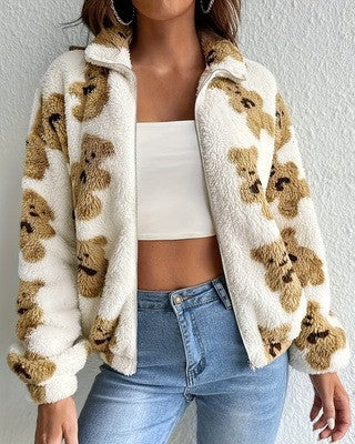 Teddy Bear Print Sherpa Zip Coat - White