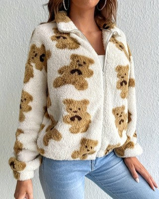 Teddy Bear Print Sherpa Zip Coat - White - 1
