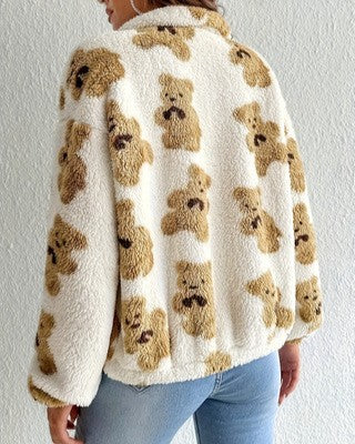 Teddy Bear Print Sherpa Zip Coat - White - 2