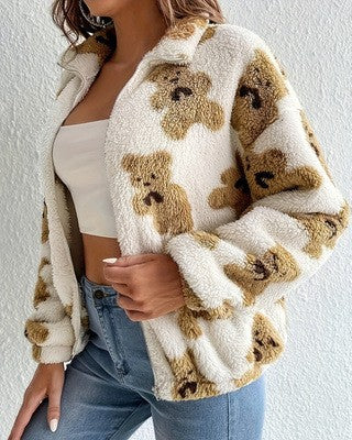 Teddy Bear Print Sherpa Zip Coat - White - 3