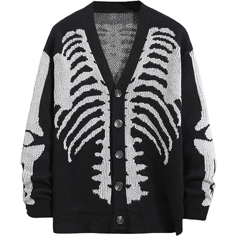 Skeleton Jacquard Oversized Button Cardigan - Black - 1