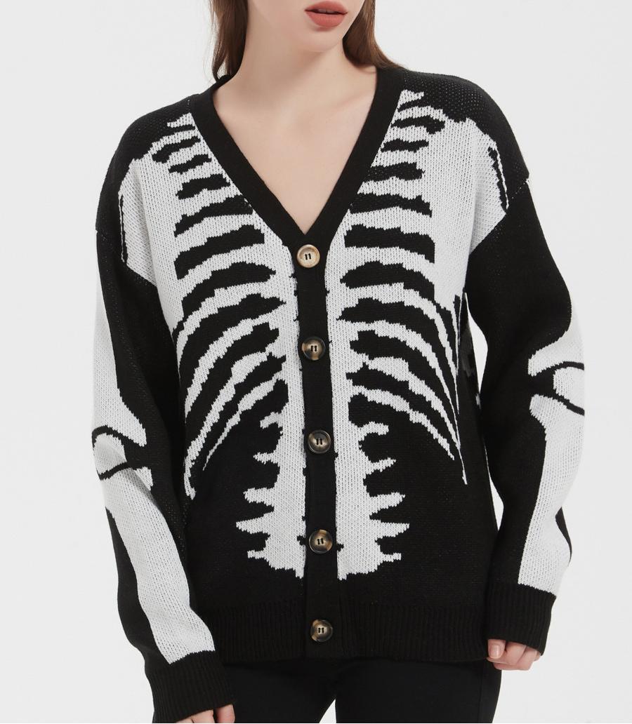 Skeleton Jacquard Oversized Button Cardigan - Black - 6