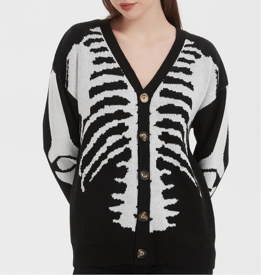 Skeleton Jacquard Oversized Button Cardigan - Black - 7