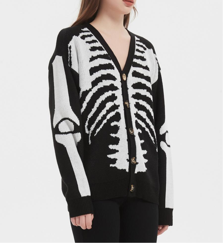 Skeleton Jacquard Oversized Button Cardigan - Black - 8